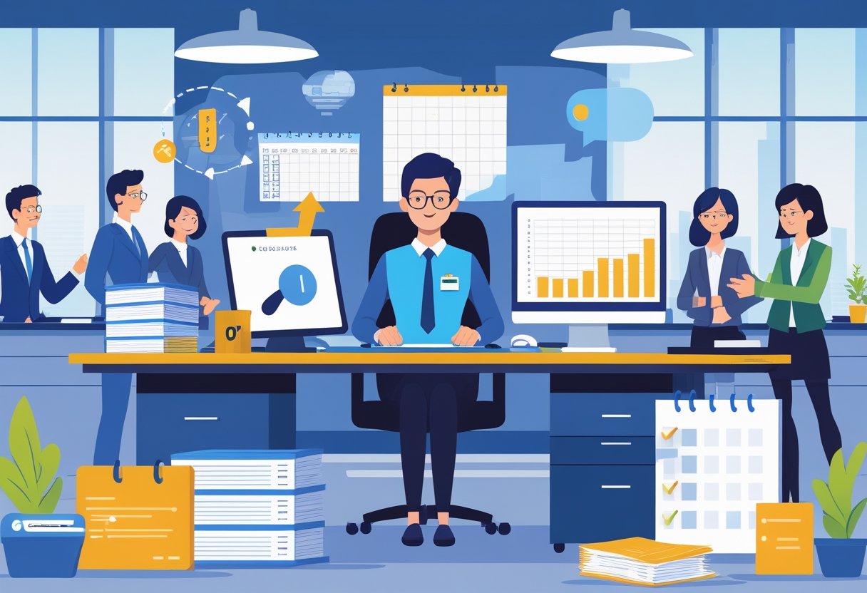 An office manager working at a desk surrounded by paperwork, a phone, a calendar, and a computer, with symbols of support and guidance shown around them in a modern office setting.