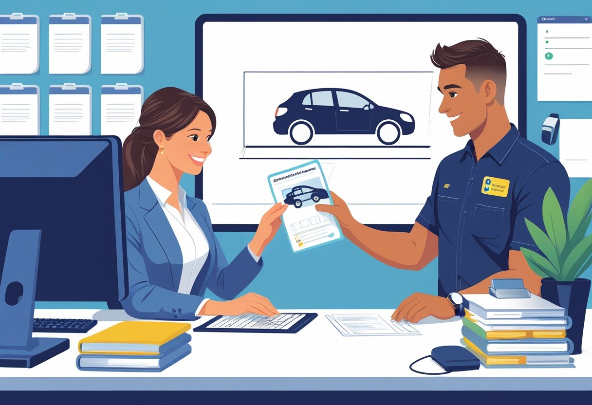 A receptionist at a desk talking with a driving instructor who is showing her a driving course booklet in a bright office.