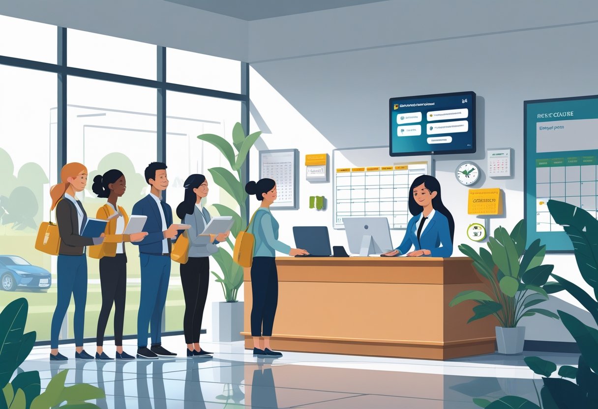 A receptionist confidently managing a busy reception desk with visitors, phones, and appointment tools, showing a supportive and organised office environment.