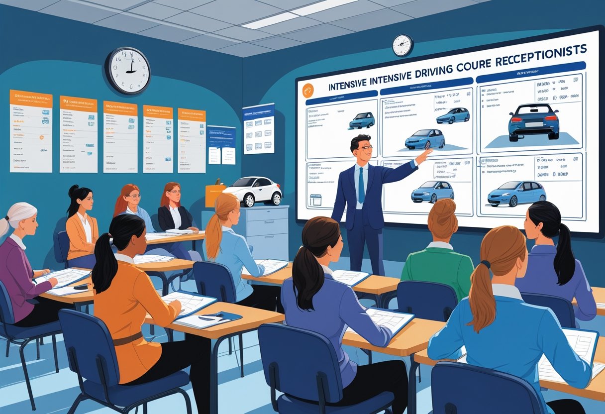 A group of adults in a classroom learning about driving, with an instructor explaining driving concepts using a digital screen.