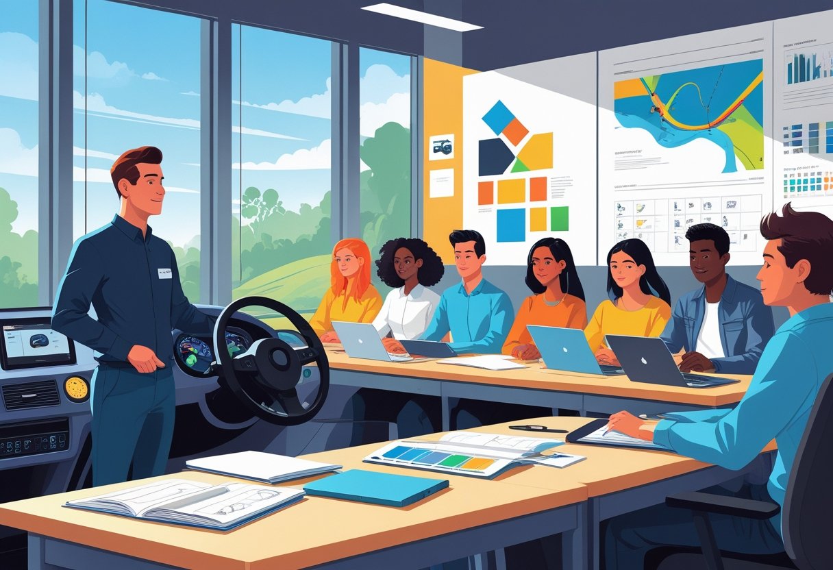 A group of graphic designers learning driving skills in a classroom with an instructor and driving simulators.