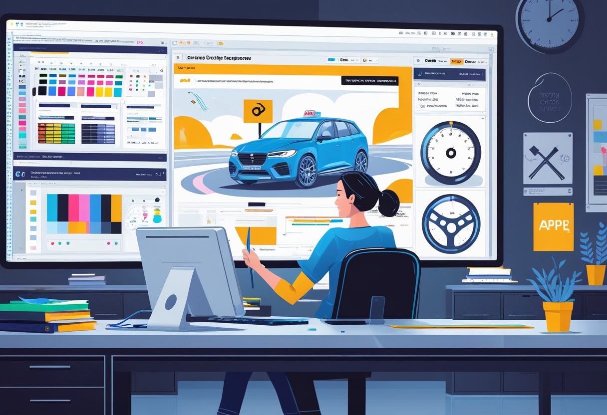 A graphic designer attentively studying driving-related visuals on a digital screen in a classroom setting.
