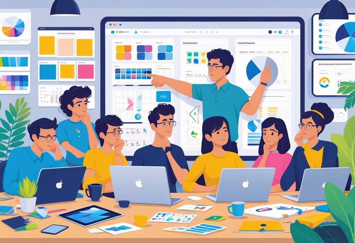 A group of graphic designers working together at a desk with design tools, guided by an instructor showing ideas on a screen in a bright, organised workspace.