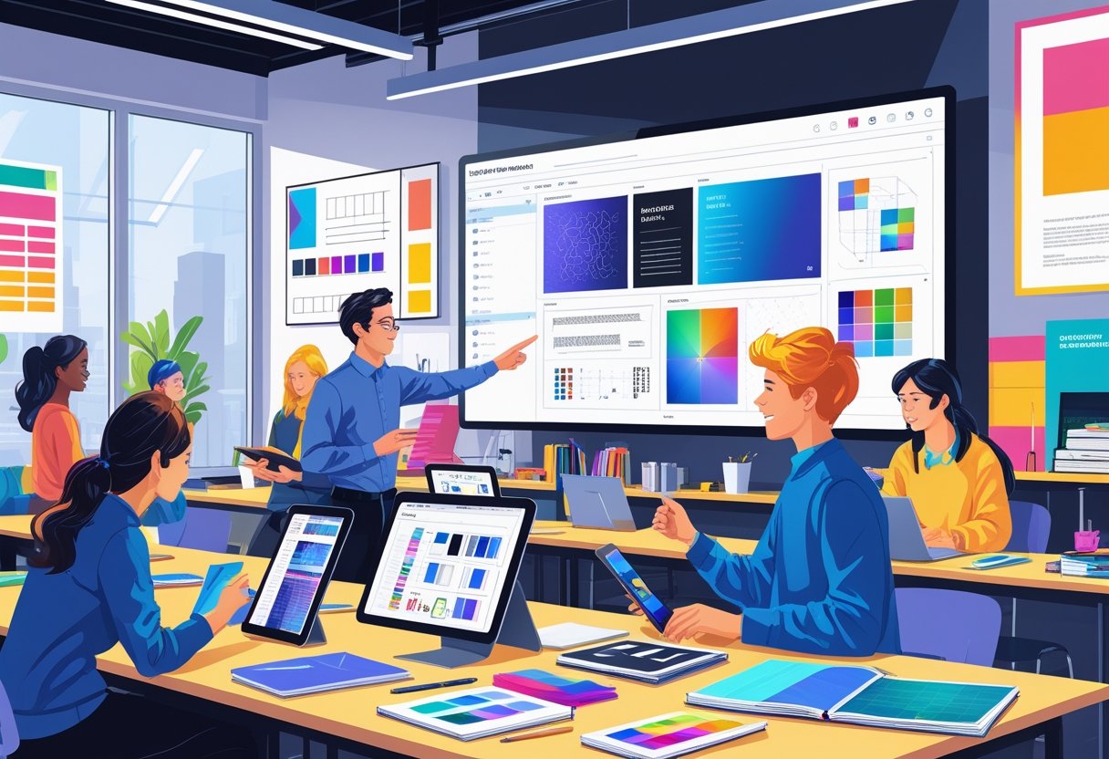 A classroom where graphic design students work on digital tablets and computers while an instructor guides them using a large digital display showing design concepts.