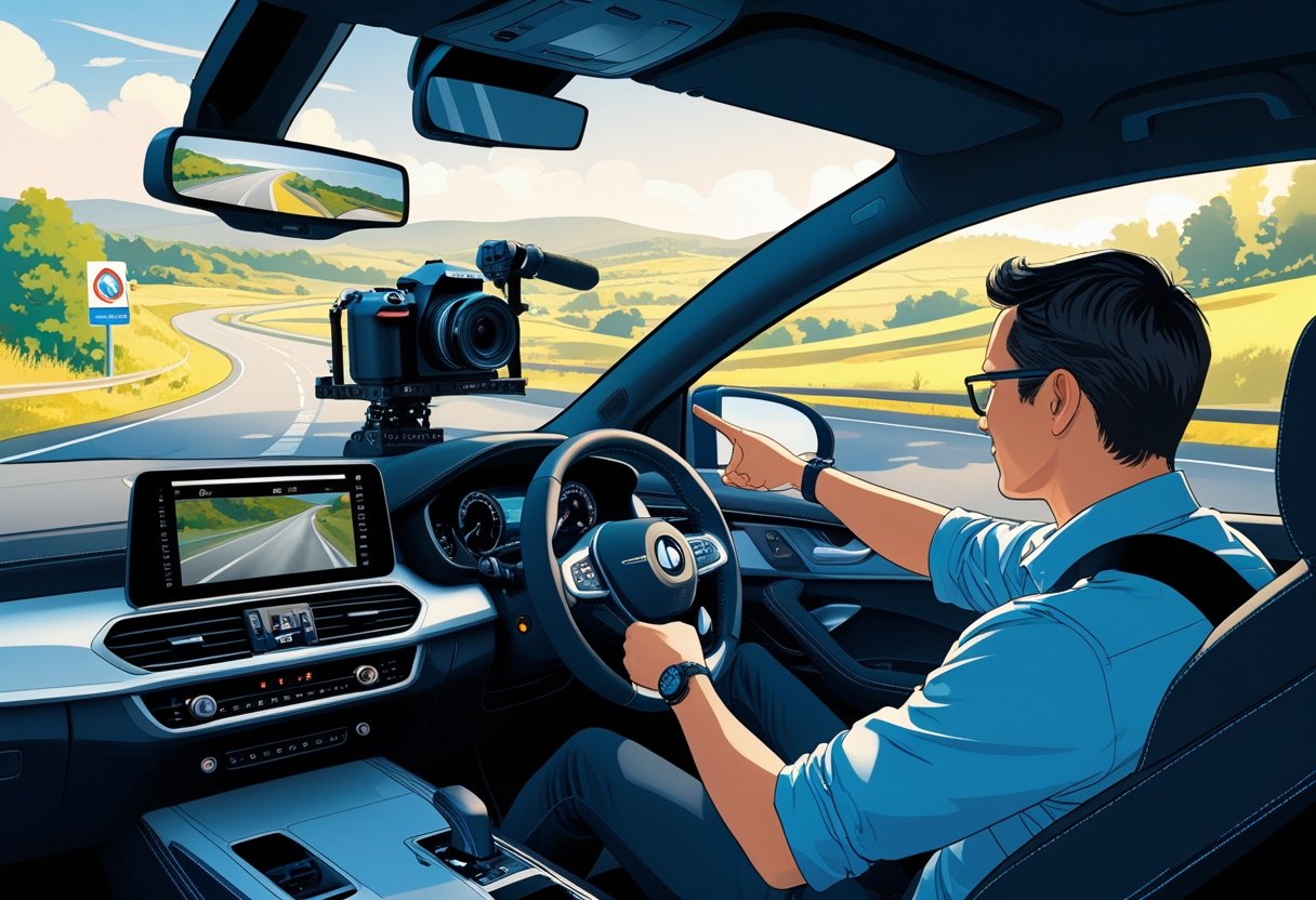 A photographer and instructor in a car on a winding road surrounded by trees, with the photographer holding a camera and the instructor pointing ahead.