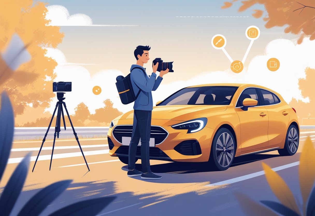 A photographer holding a camera stands next to a car on a driving track, with icons representing photography challenges in the background.