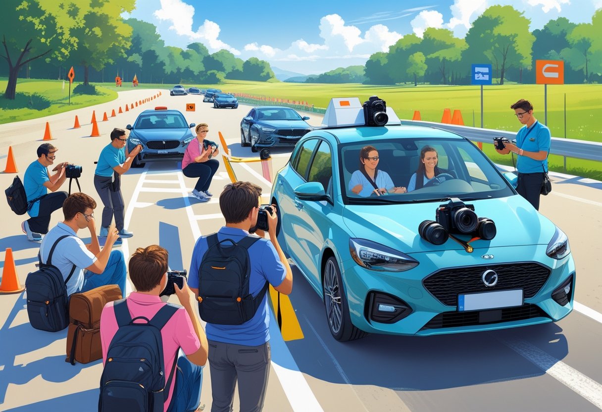 A group of photographers attending a driving lesson outdoors with a driving instructor beside a car equipped with cameras, surrounded by a driving course setup.