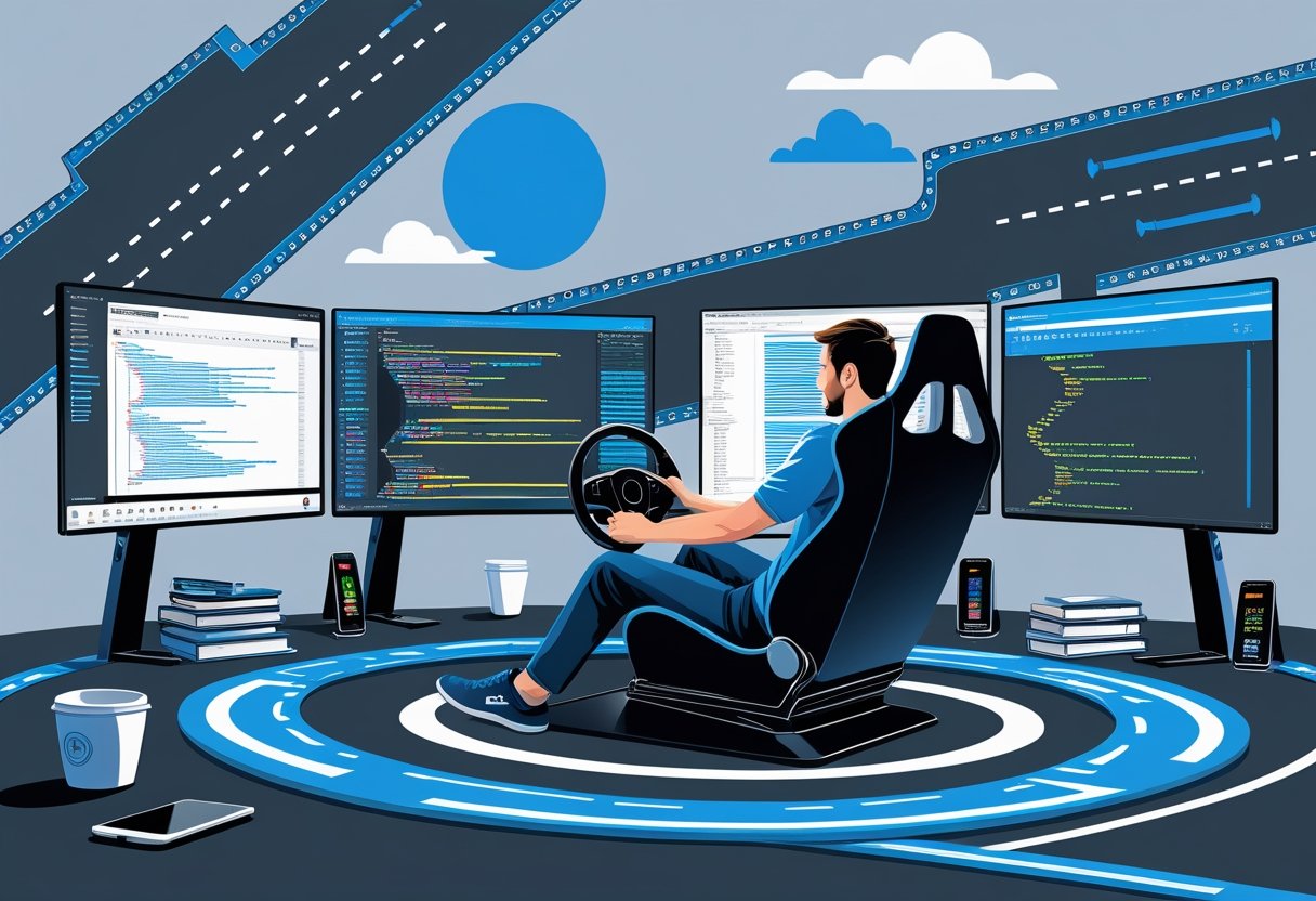 A person sitting in a driving simulator surrounded by computer screens showing code and driving data, with a racetrack shaped like circuit board patterns in the background.