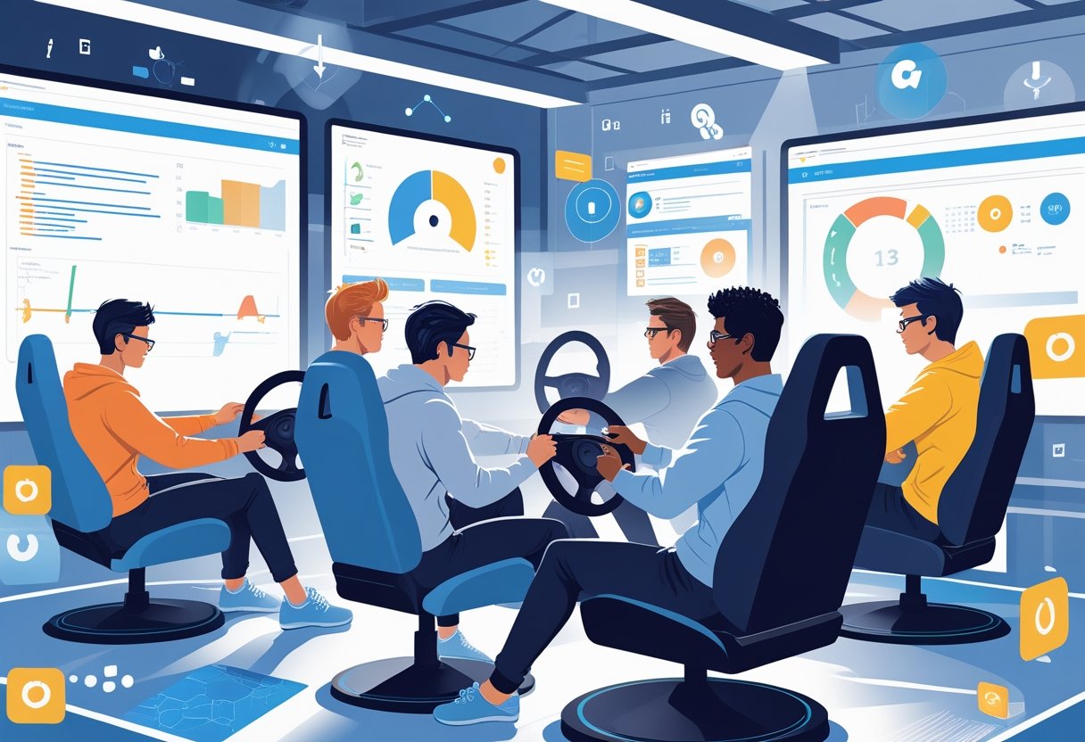 A group of people using driving simulators in a high-tech training room with digital elements representing web development around them.