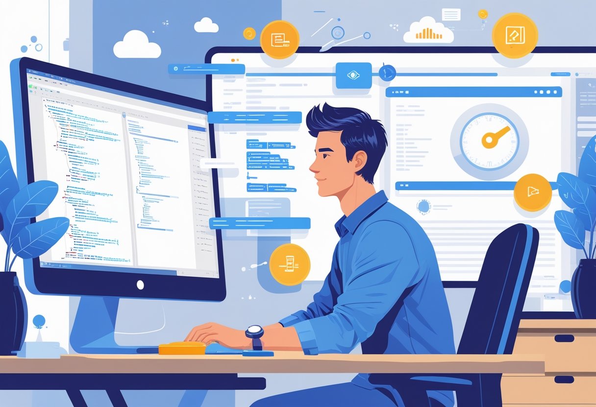 A web developer concentrating at a desk with a computer showing code, surrounded by icons representing learning and progress in a modern workspace.