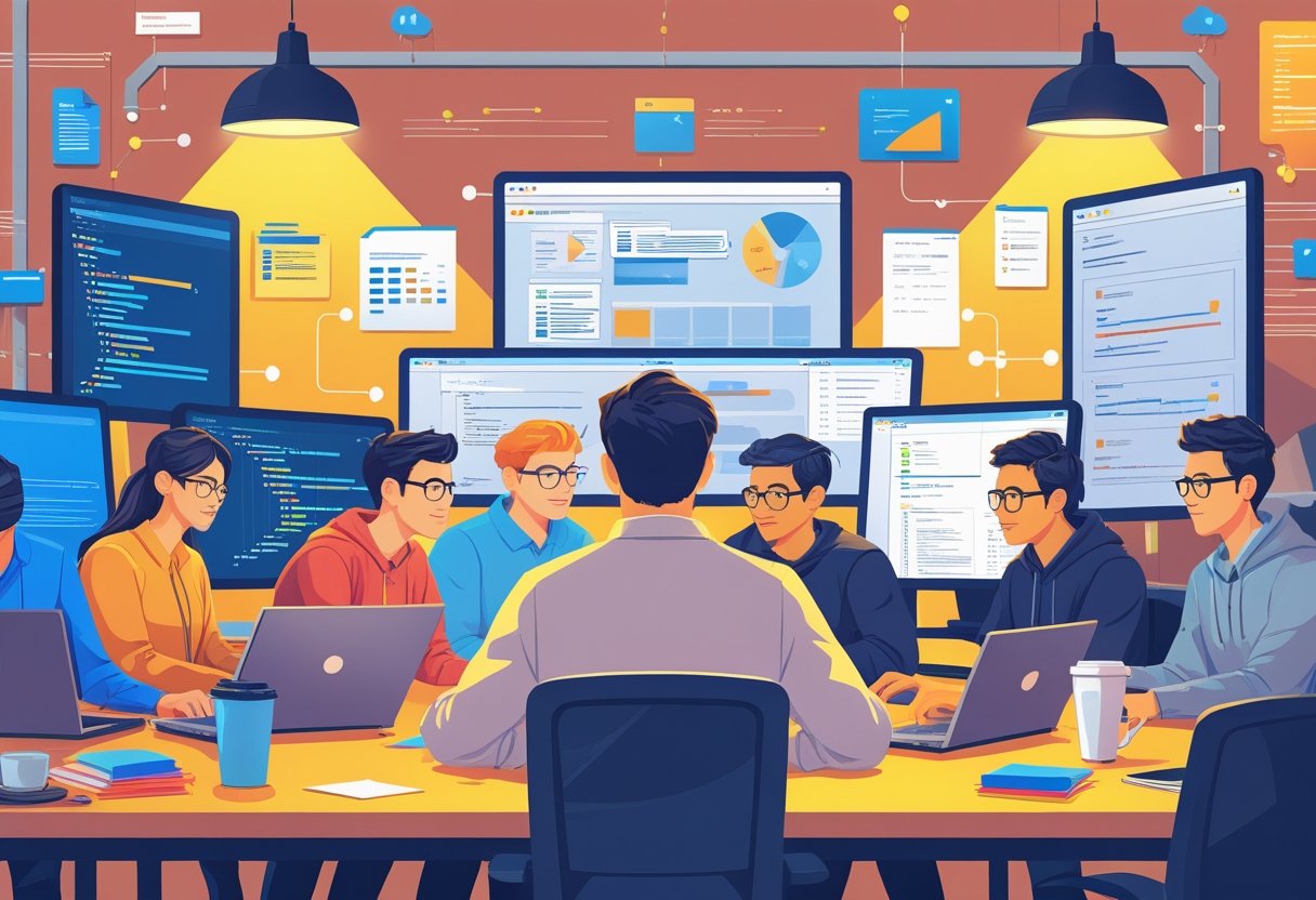 A group of web developers working together in an office, with one person guiding another through coding challenges on computer screens.