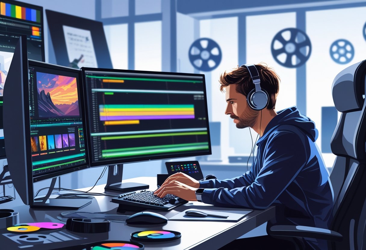 A video editor concentrating at a workstation with multiple monitors showing video editing timelines in a modern studio.