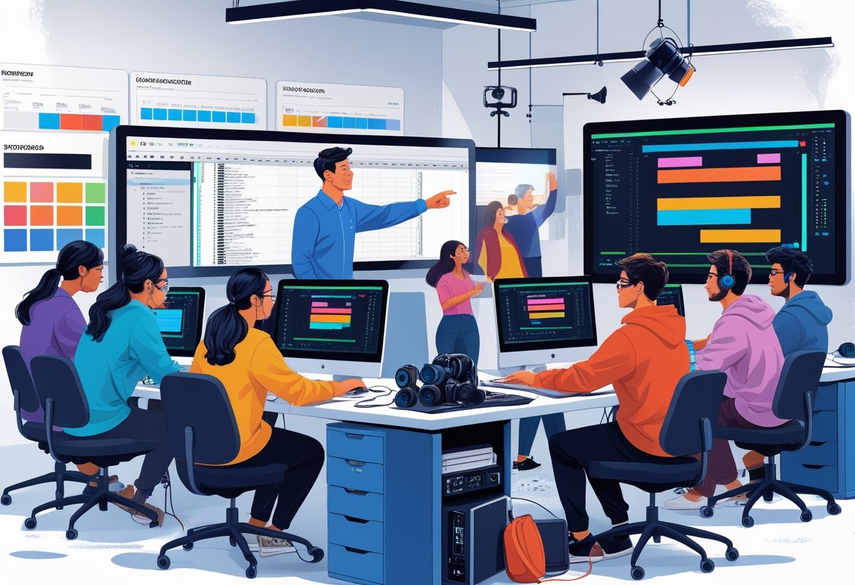 A group of students in a modern studio learning video editing on computers while an instructor guides them, surrounded by video production equipment.