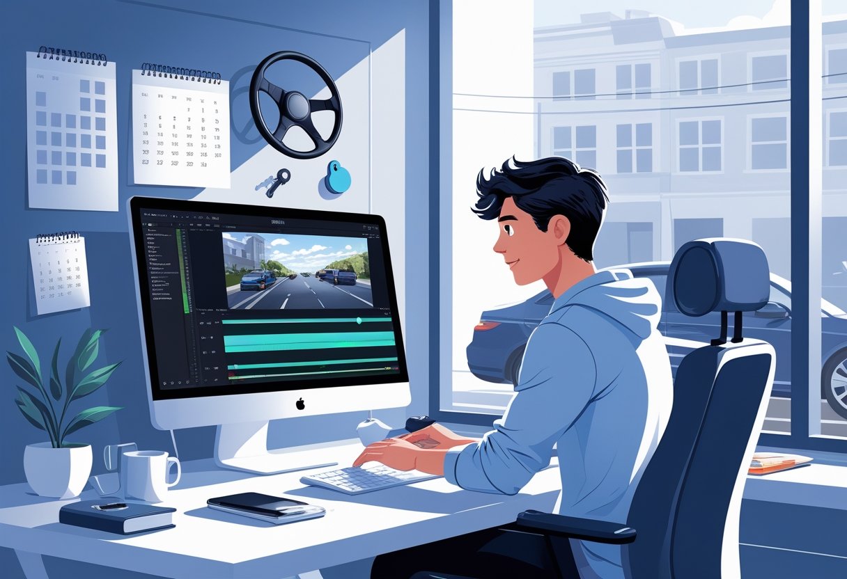 A person working at a computer editing video with driving-related items like a car key and calendar nearby, in a bright room overlooking a street with cars.