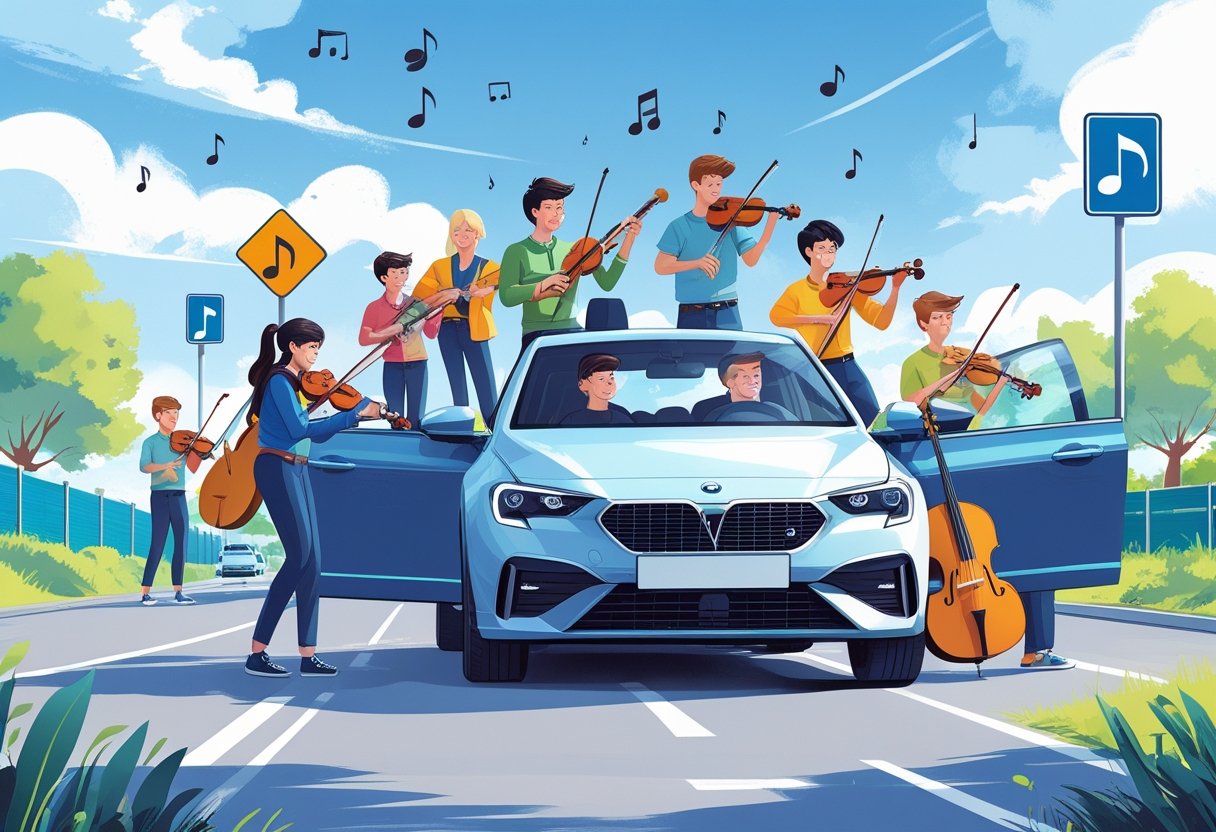 A group of musicians learning to drive, with some playing instruments near a car at a driving school.