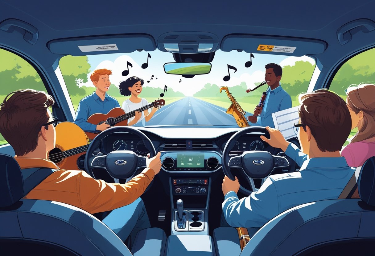 A group of musicians in a car with a driving instructor, practising driving on a clear road with musical notes floating around.