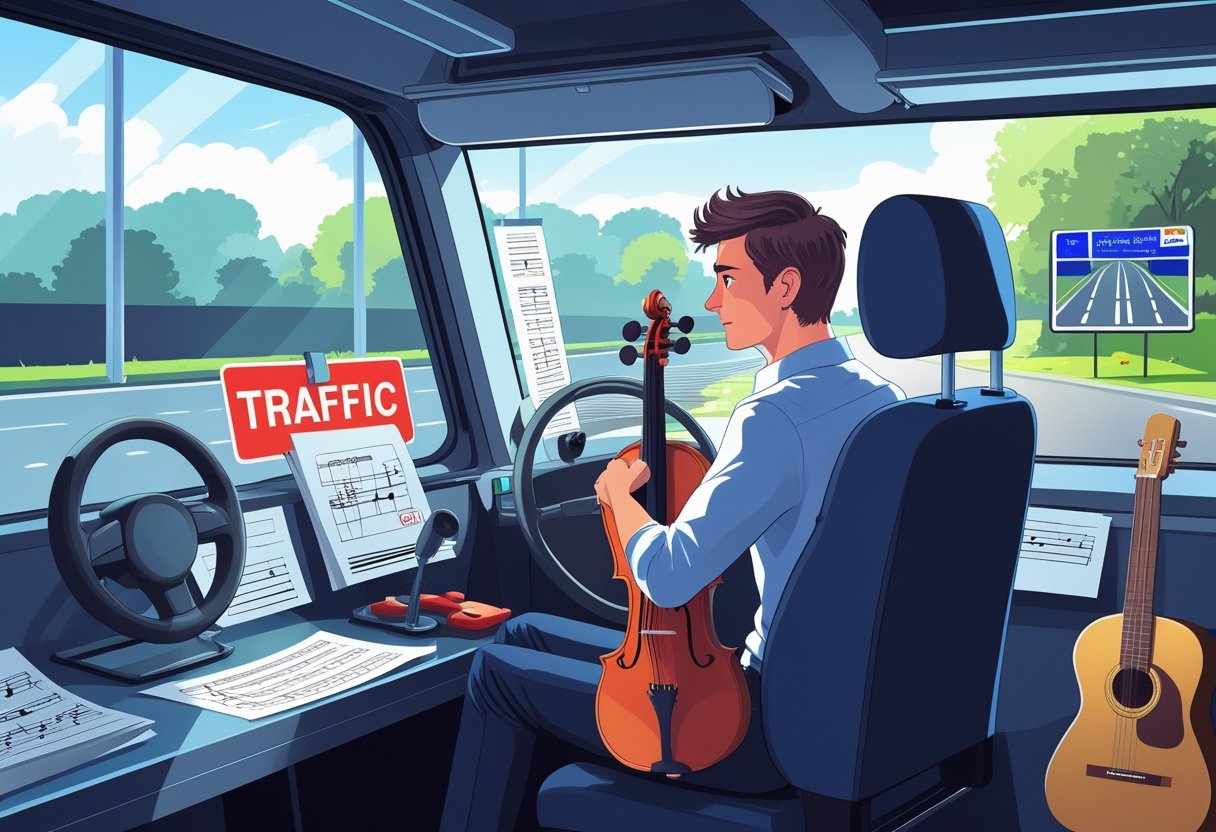 A musician holding a violin case sits in a driving school classroom with driving lesson materials and musical instruments nearby.
