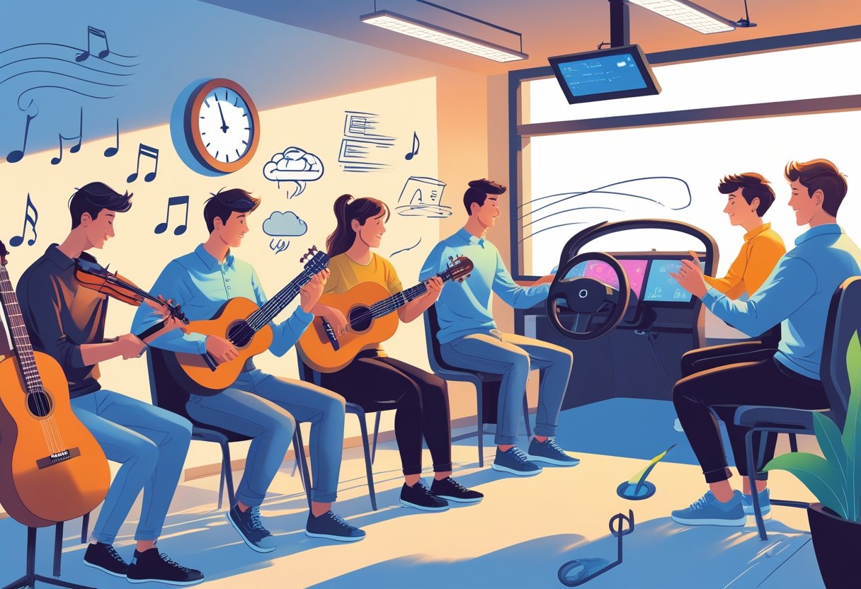 Musicians with instruments receiving guidance in a driving course designed to help with their challenges, in a classroom with musical and driving symbols.