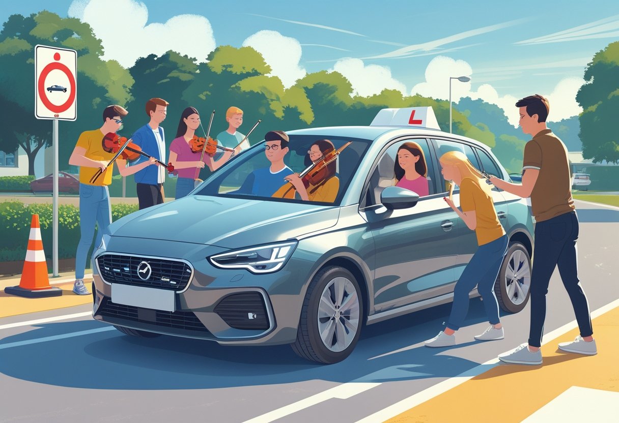 A group of musicians receiving driving lessons inside a car with an instructor on a quiet suburban street.
