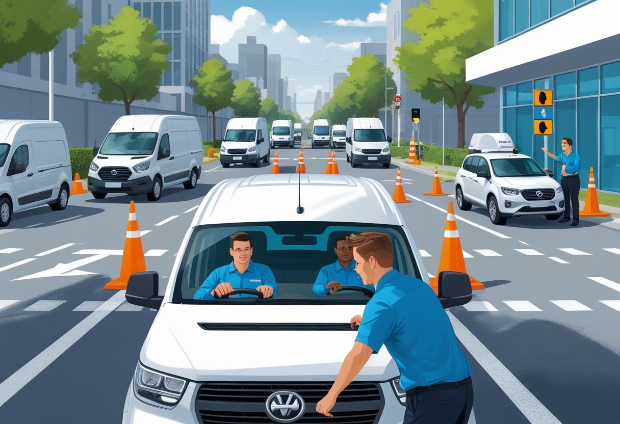 Delivery drivers participating in a driving training course on a city street with instructors guiding them around traffic cones.