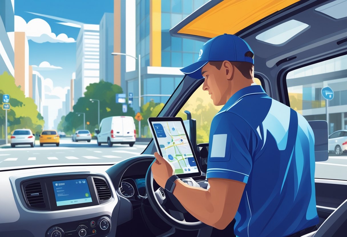 A delivery driver in a van using a tablet while driving through a city street with traffic signs and other vehicles.