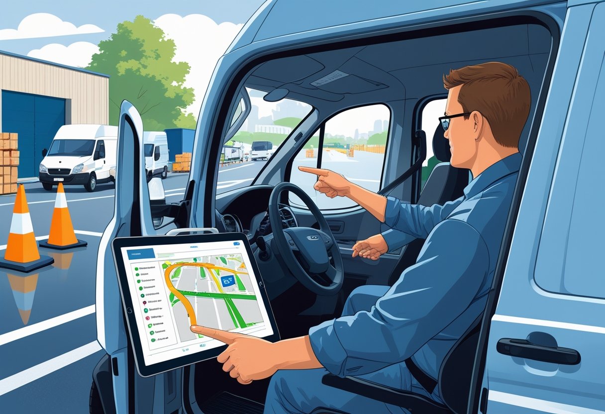 A delivery driver inside a van receiving driving instructions from an instructor, with a training course visible outside.