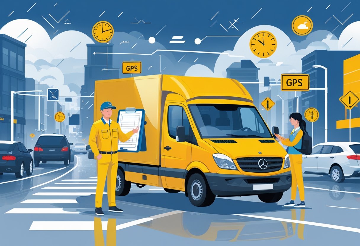 A delivery driver standing next to a van on a busy street with traffic, rain, and road signs, being guided by an instructor holding a clipboard.