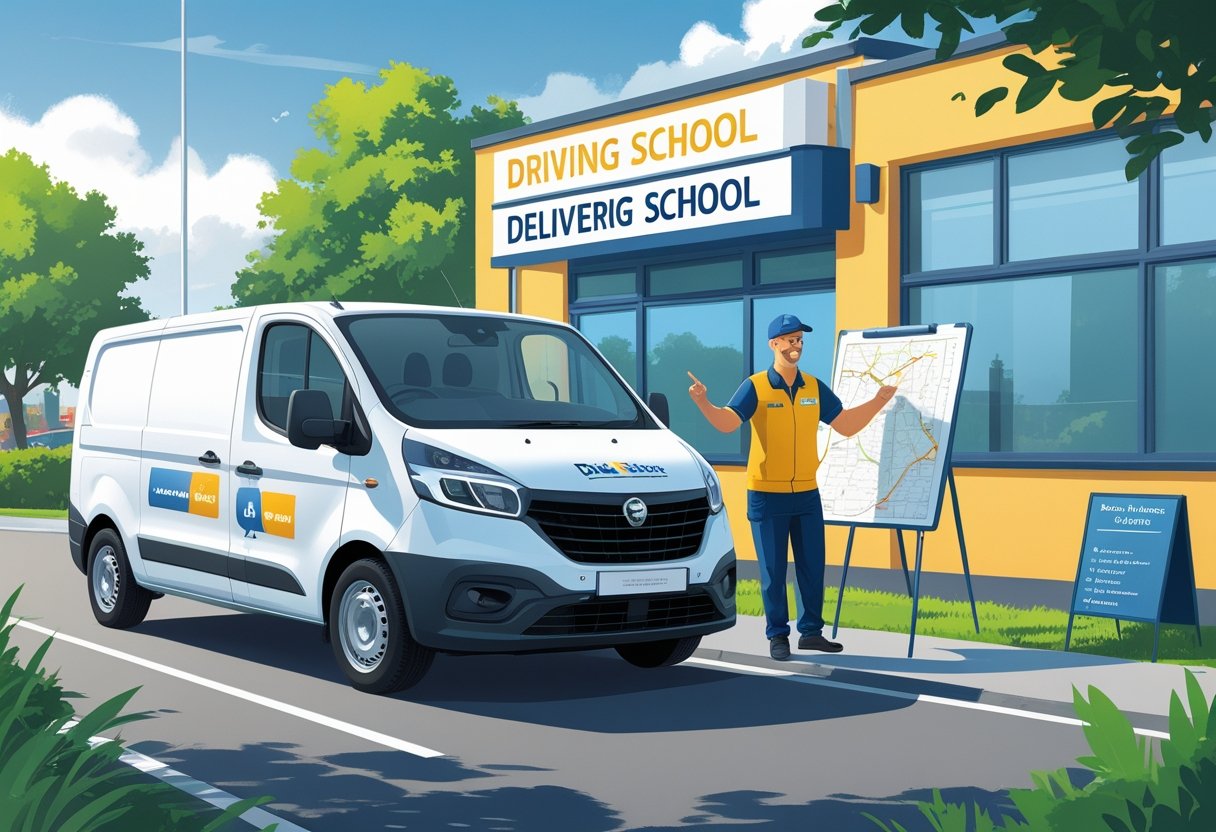 A delivery driver standing next to a delivery van outside a driving school, with an instructor pointing at a route map nearby.