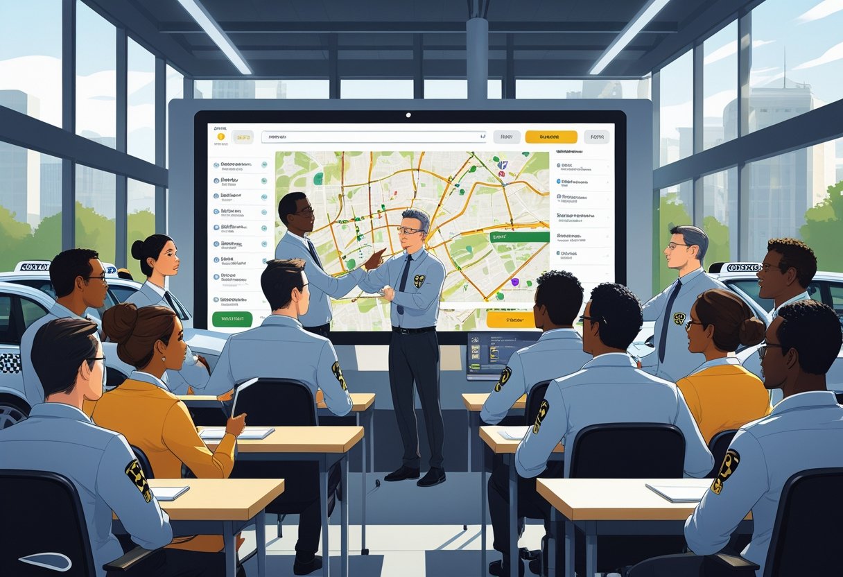 A group of taxi drivers attending a driving course in a classroom with an instructor and taxis visible outside the window.