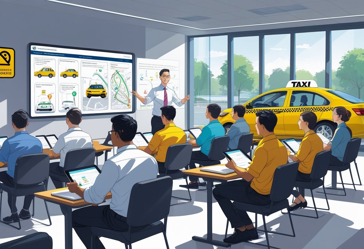A group of taxi drivers attending a driving course in a classroom with an instructor explaining traffic signs and driving techniques.