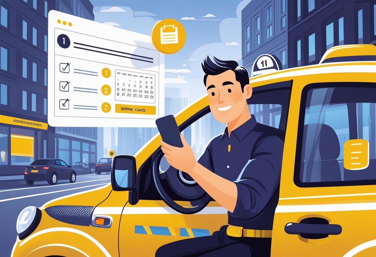 A taxi driver inside a yellow taxi using a smartphone to book an intensive driving course, with a cityscape visible through the windows.