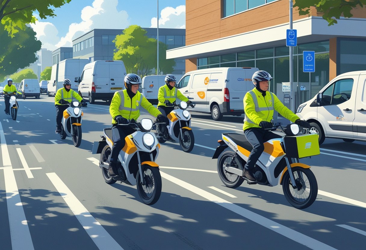 Courier riders practising driving skills on a city street under the supervision of an instructor near a training centre.