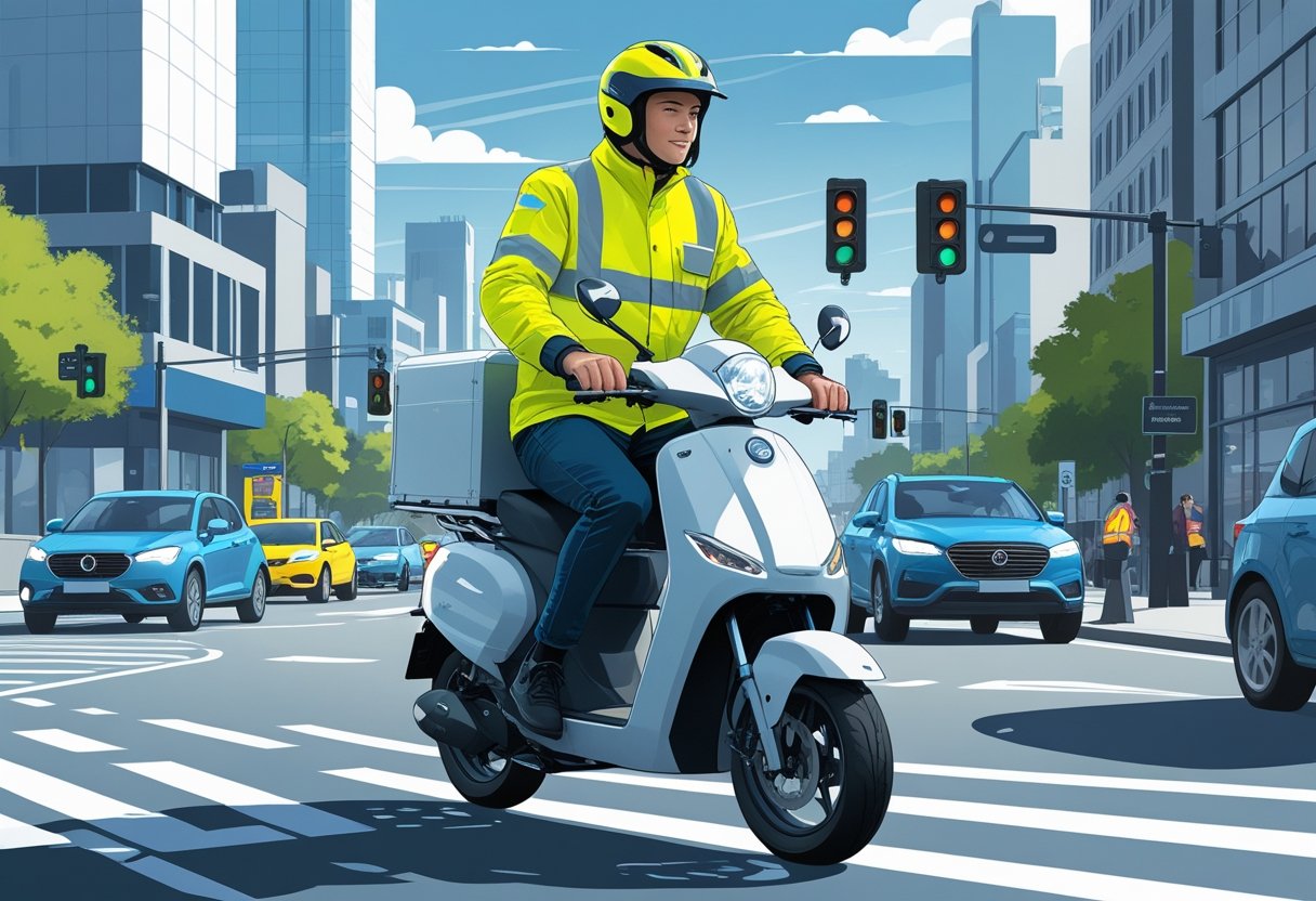 A courier wearing a high-visibility jacket and helmet riding a delivery scooter through city streets with buildings and traffic in the background.