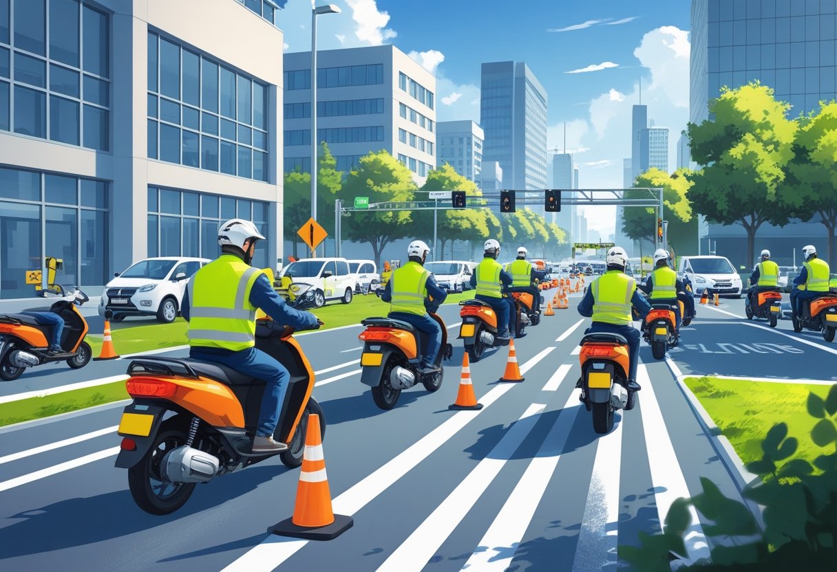 Courier drivers practising driving skills on motorcycles and vans in a city training area with instructors guiding them.