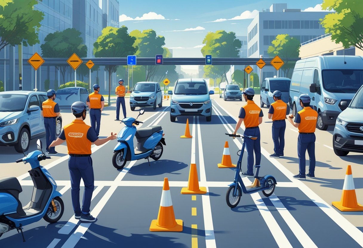 A group of courier drivers attending a driving training session on a marked course with instructors and delivery vehicles in an urban setting.