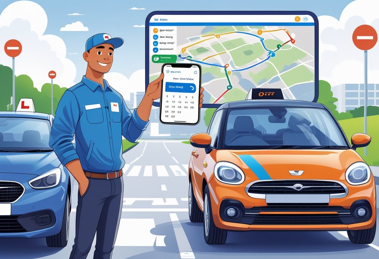A courier standing next to a car with a driving instructor pointing at a route map inside the vehicle while the courier holds a smartphone showing a booking app.