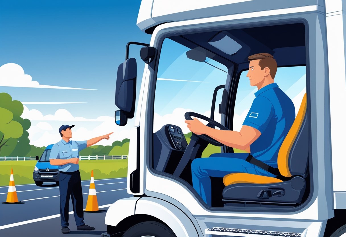 A lorry driver inside a lorry cab receiving guidance from an instructor standing outside on a driving test course.
