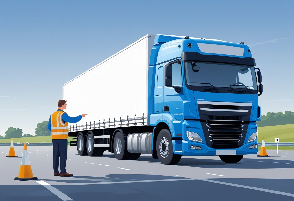A lorry driver in a high-visibility vest standing next to a large lorry on a training ground with traffic cones and road signs.