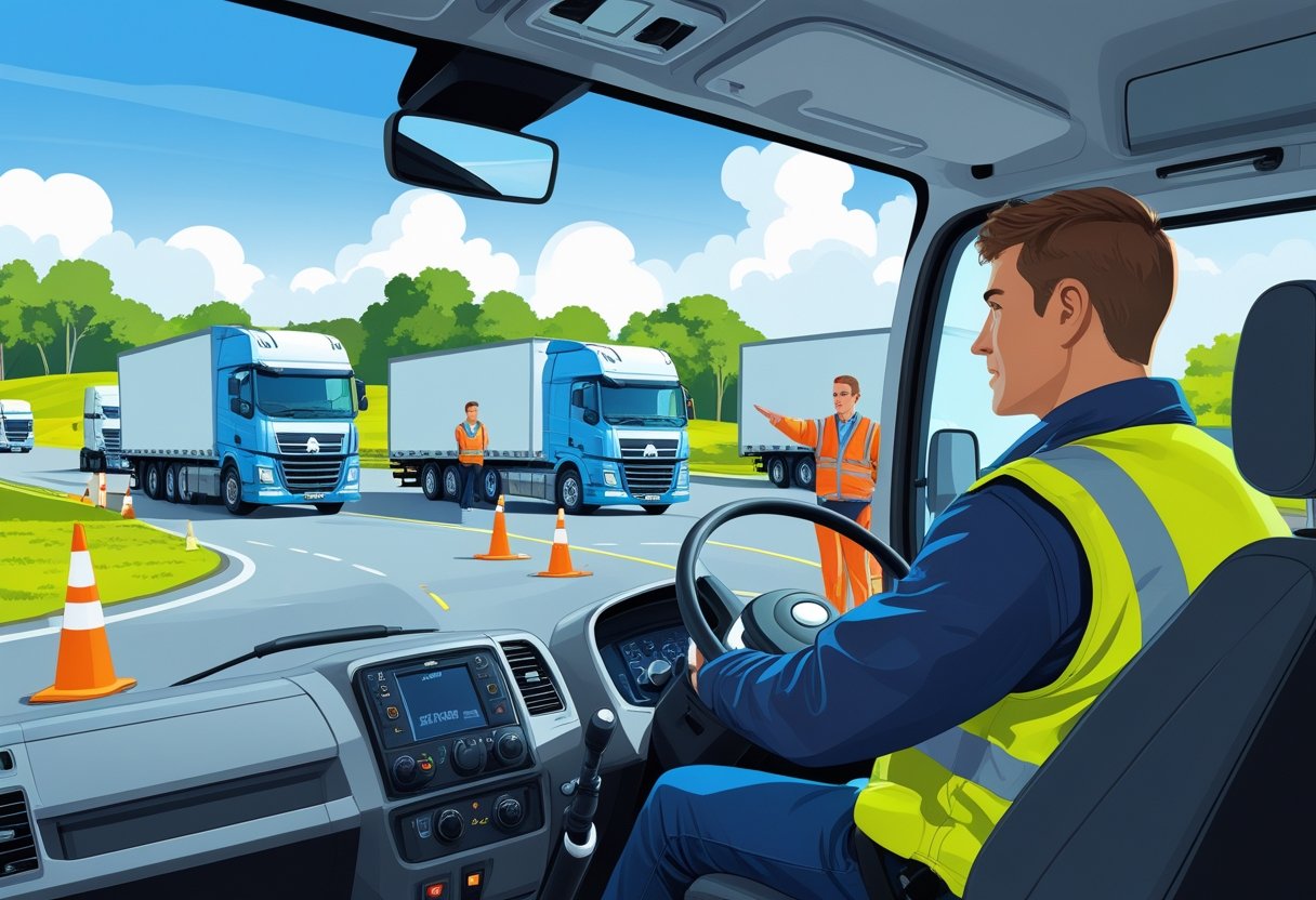 A lorry driver receiving instruction from a trainer while sitting in a large lorry at a driving training facility with cones and other lorries nearby.