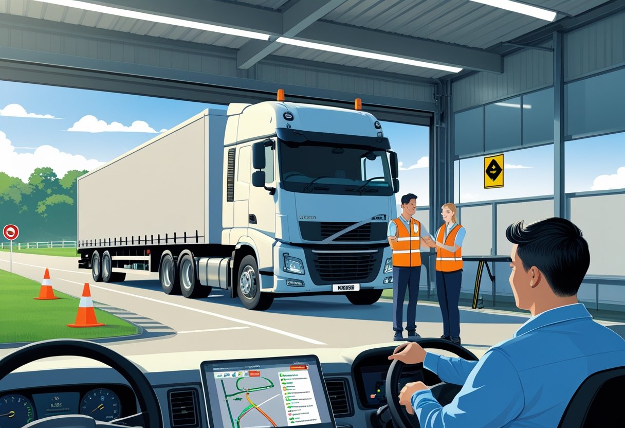 A lorry driver trainee and instructor discussing driving routes beside a parked lorry at a training facility with a driving simulator in the background.