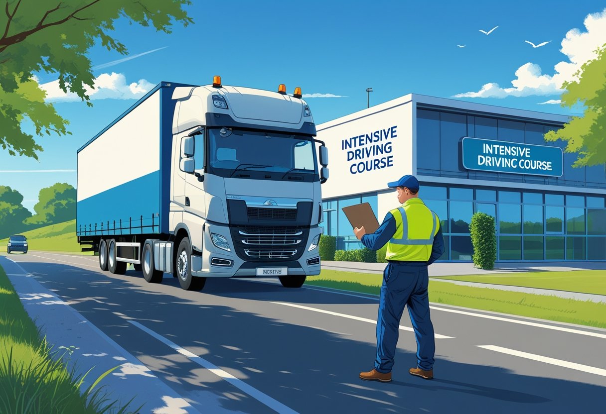A lorry driver talking with a driving instructor next to a lorry and a driving school building on a clear day.