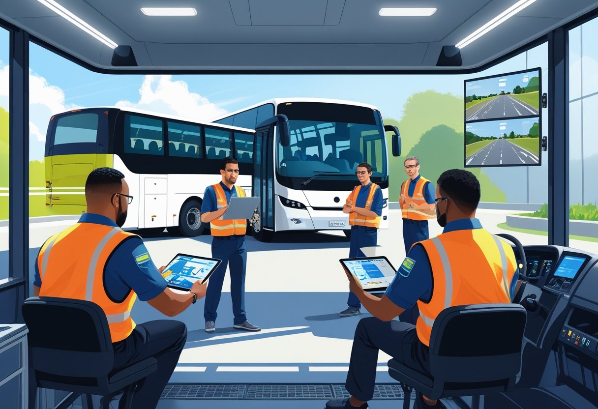 Bus drivers attending a training session outside a modern facility with a bus and an instructor demonstrating driving techniques.