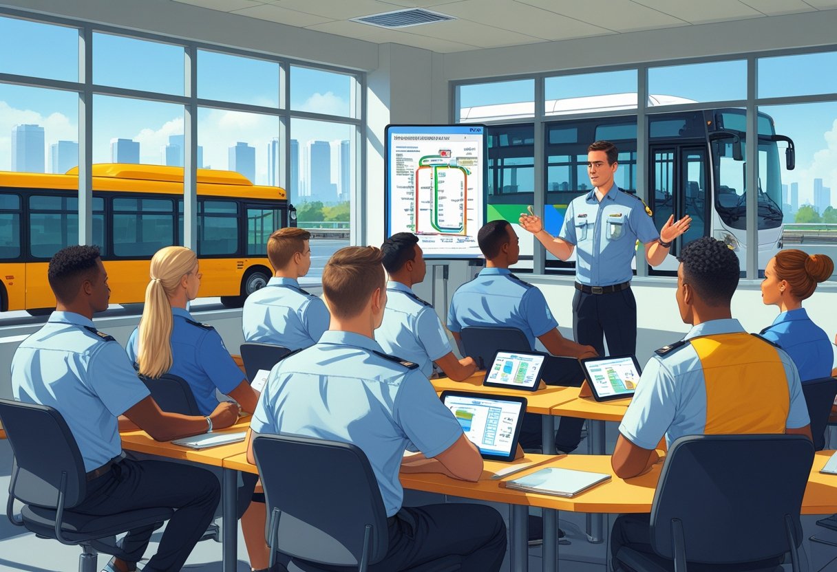 A group of bus drivers in a classroom attentively listening to an instructor explaining bus driving routes and safety.