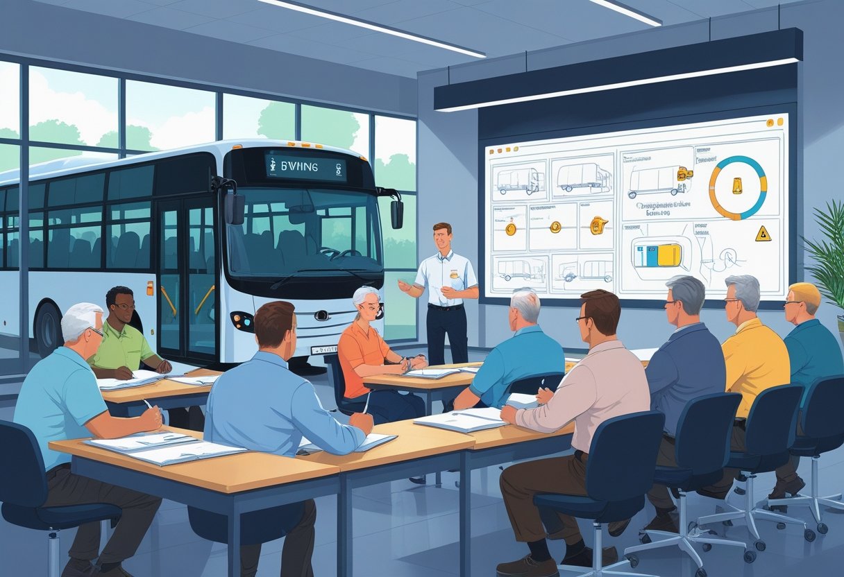 A group of bus drivers in a classroom listening to an instructor with a bus visible outside the window.