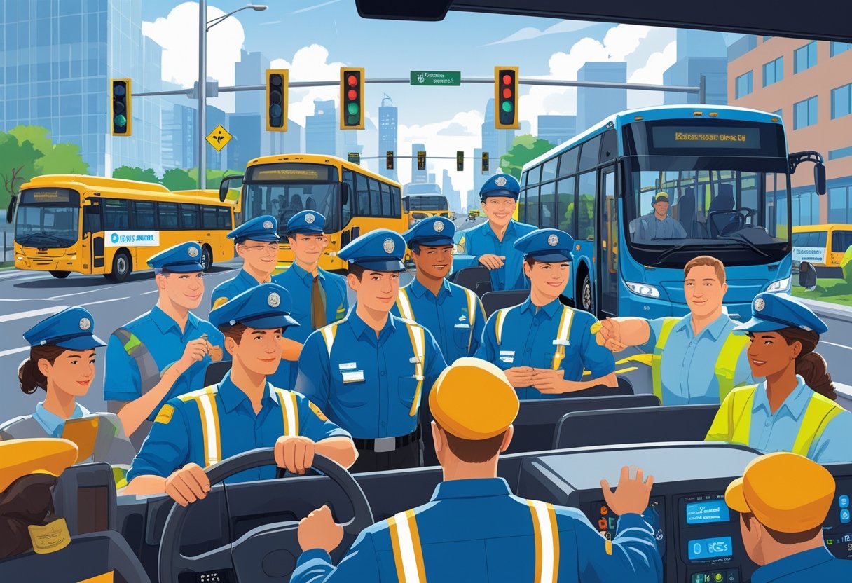 A group of bus drivers facing driving challenges in a city setting, with an instructor providing training inside a bus simulator.