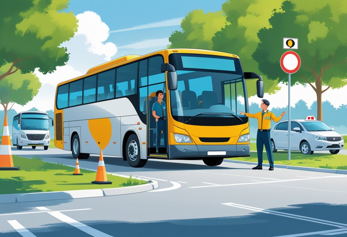 A bus driver in uniform listens to a driving instructor beside a bus in a training centre parking lot.
