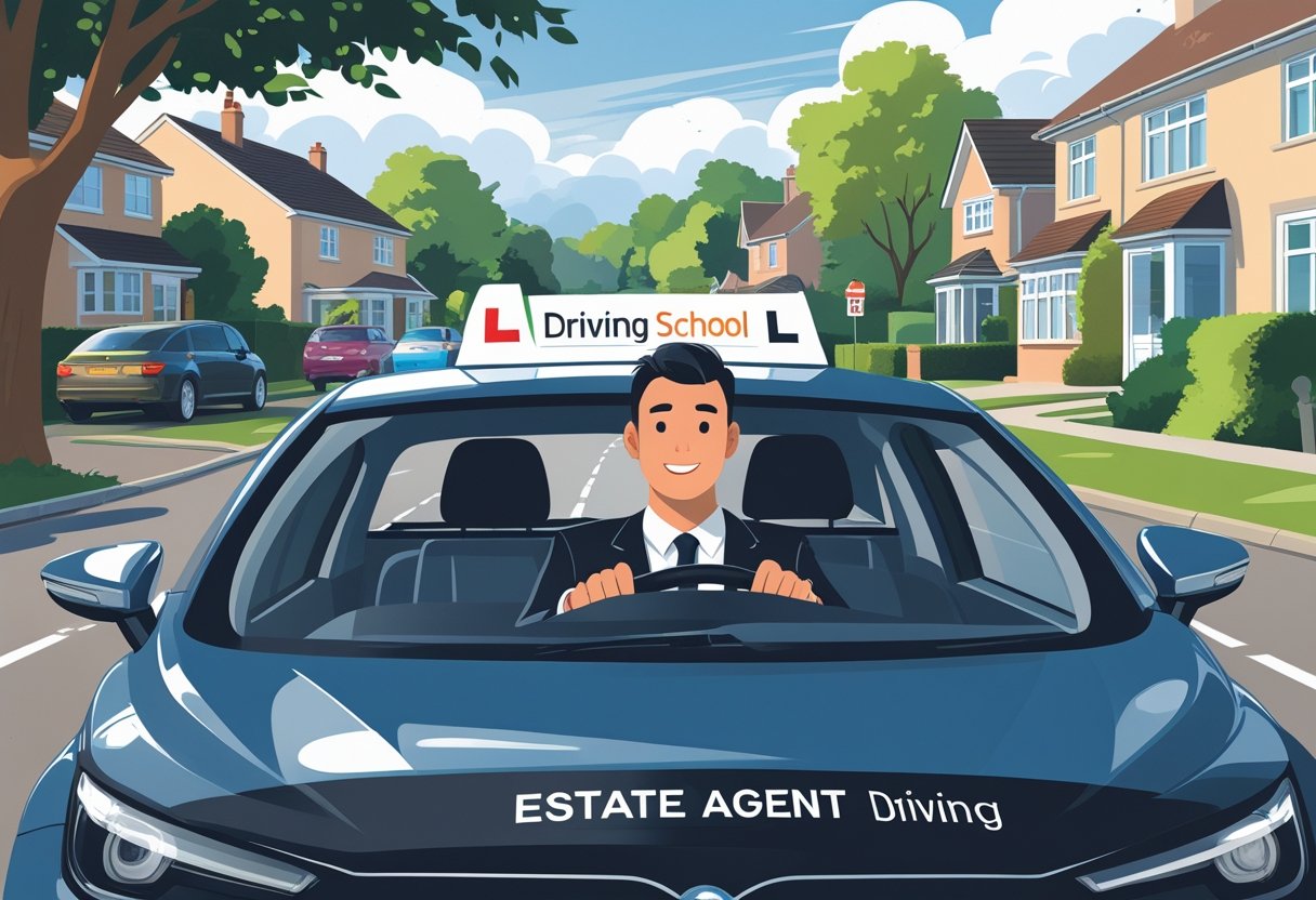 An estate agent driving a car with an instructor in a suburban neighbourhood with houses and trees.