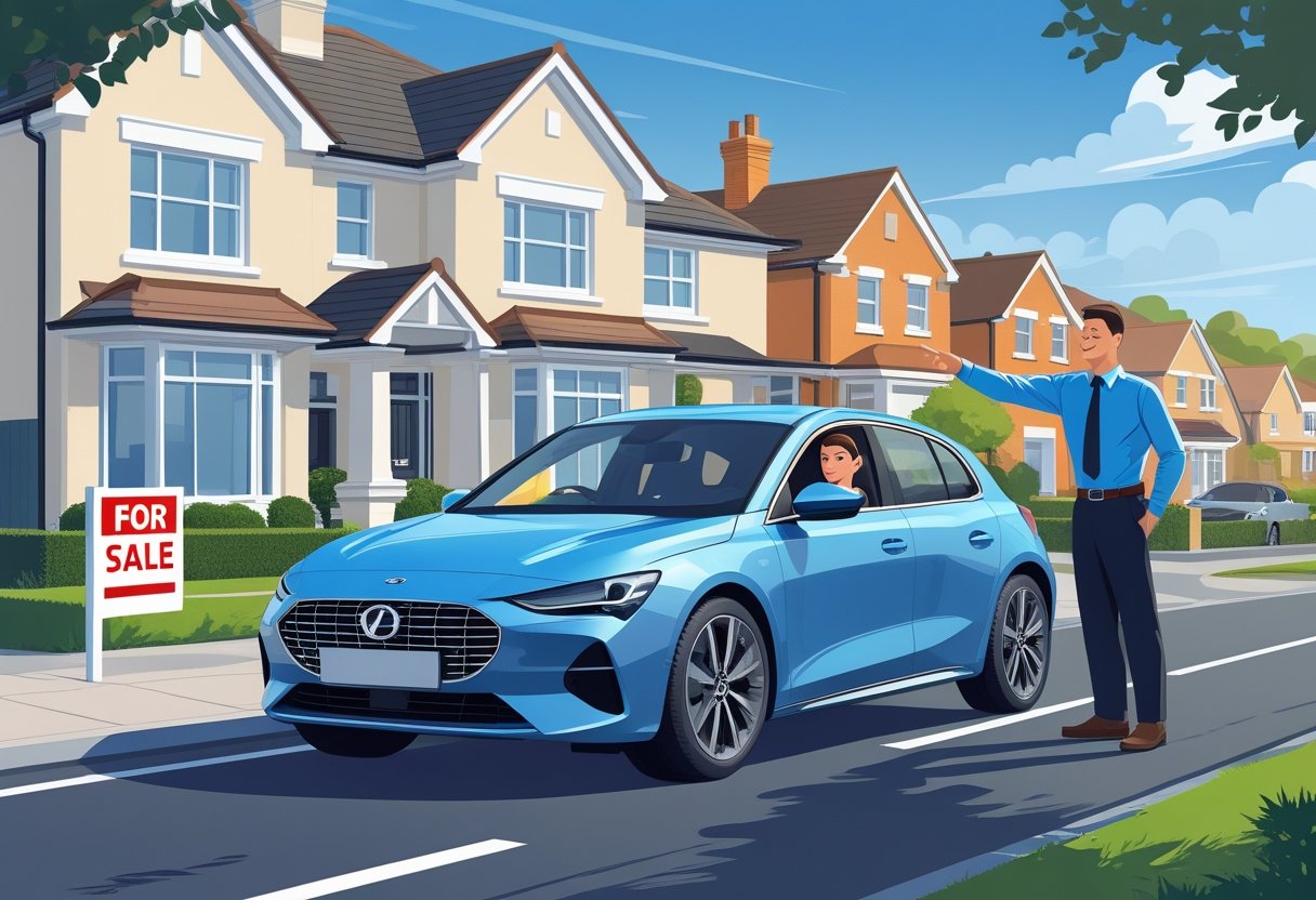 An estate agent in smart clothes sits in a car outside a house with a 'For Sale' sign, listening to a driving instructor who stands beside the car.