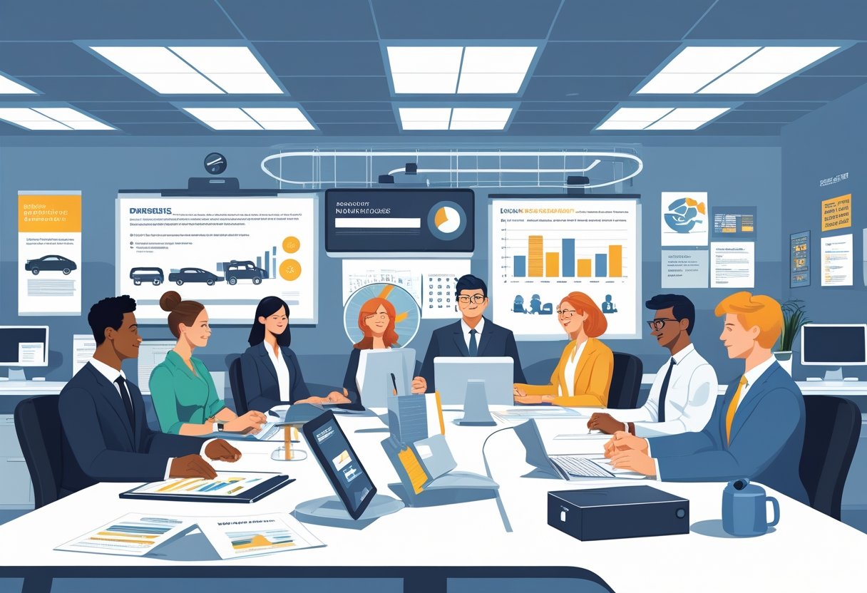 A group of insurance agents in an office attending a driving course led by an instructor, with computers and documents around them.