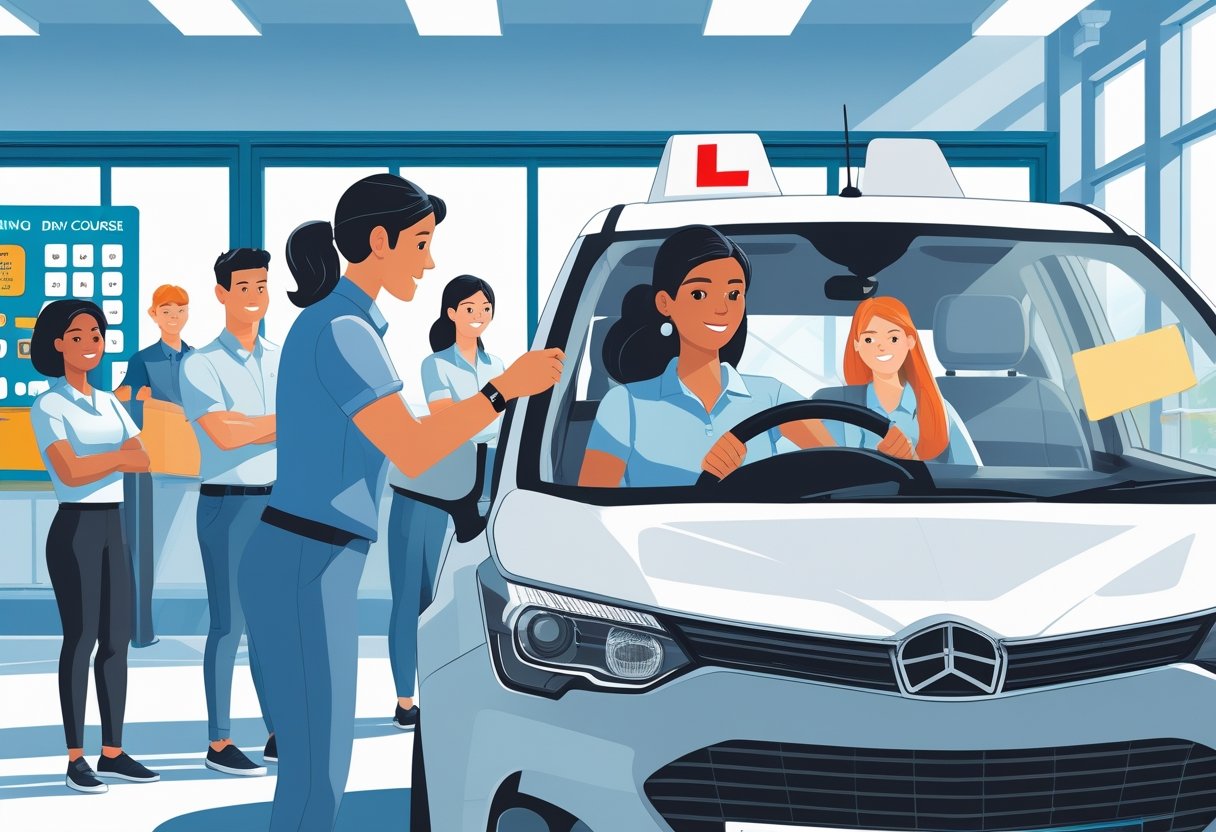 A group of call centre staff learning to drive with an instructor in a driving school setting, some waiting and others practising behind the wheel.